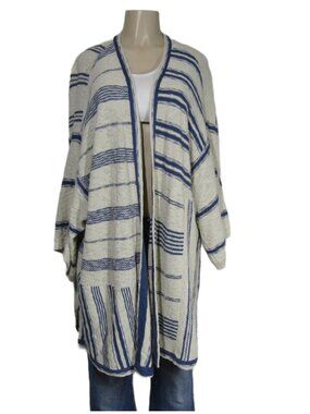 PURE JILL Striped Coastal Beachy  Open Front Cardigan Sweater Blue Cream 2X